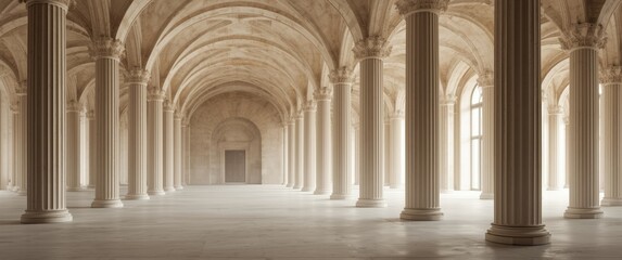 Fototapeta premium Refined empty space emphasizing symmetrical arches and tall columns in an elegant interior design