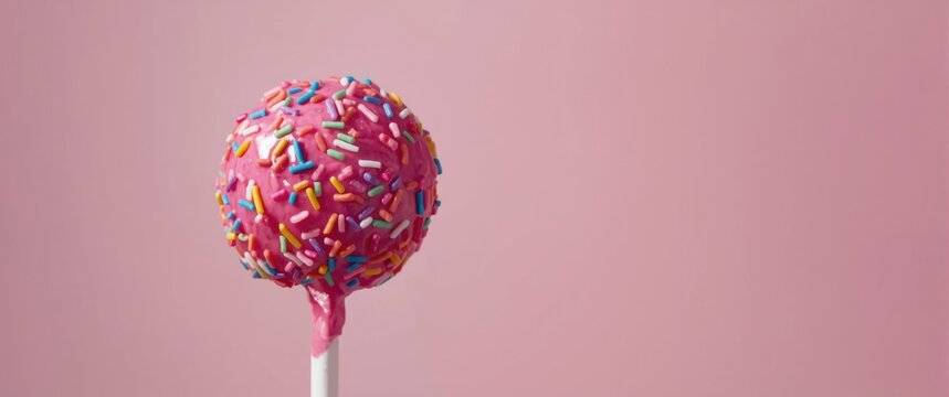 Yummy confectionery pop coated in bright pink glaze with assorted sprinkles