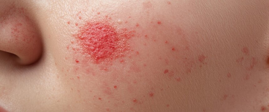 Close-up view of facial skin featuring angioma and melanoma with red beauty marks on textured surface indicating skin health concerns
