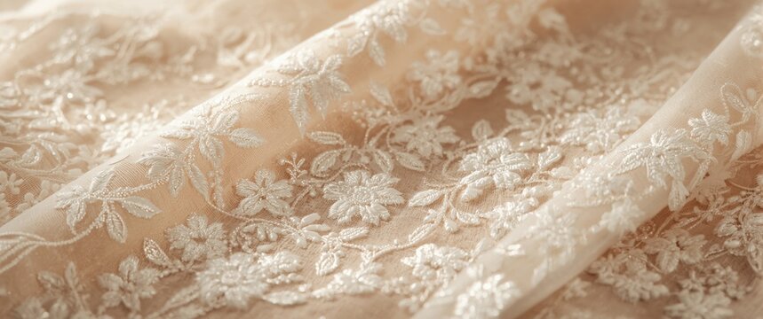 Graceful Lucknowi Chikan garment adorned with detailed white floral threadwork
