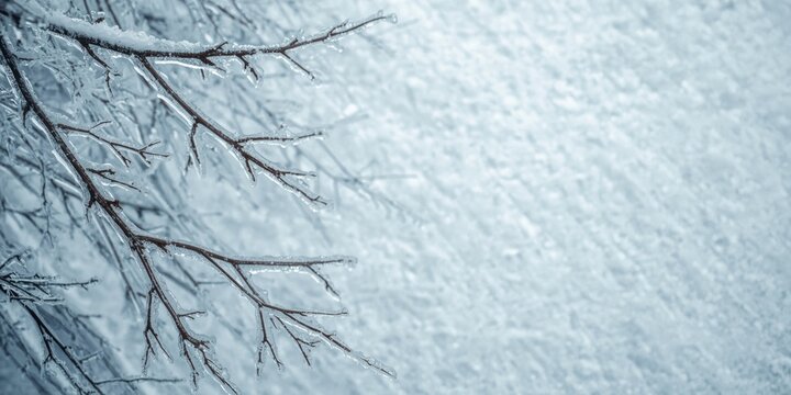 Macro view of icy tree branches with frozen icicles on a white snow textured background with copy space