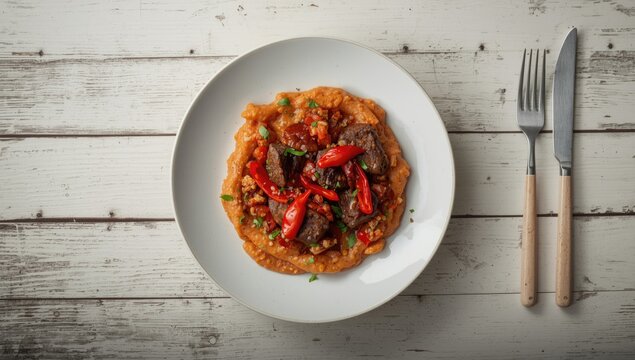 Overhead shot of savory lamb kavurma guvec topped with hot red pepper on white rustic wood