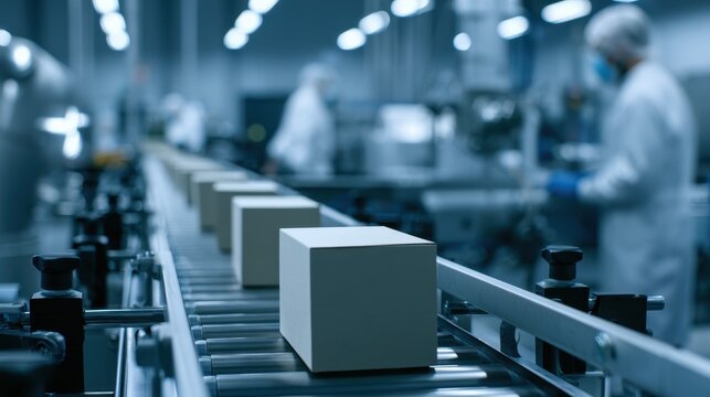 Automated production line with boxes moving on a conveyor belt in a factory, with workers in the background
