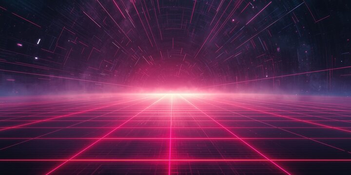 Laser grid illuminated cyber surface in a speculative 1980s inspired futuristic background scene