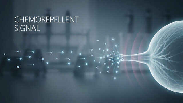 Chemorepellent signal molecule releasing particles in a laboratory setting with a neuron cell  scientific concept of chemical repulsion