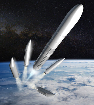 illustration 3D of european launcher ariane 6 in Earth sky