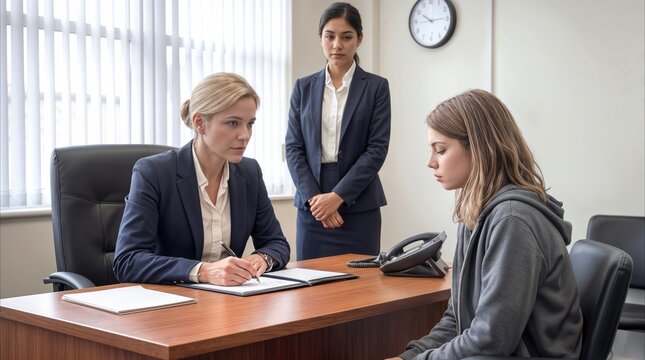 Legal professional conducting a formal meeting with a troubled youth in a private office. Serious discussion between an authority figure and a young person.