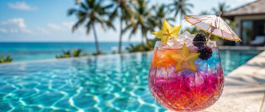 Aesthetic colorful summer tropical cocktail with starfruit and blackberries by an infinity pool. Refreshing holiday drink with an umbrella, ocean, and palm trees in the background
