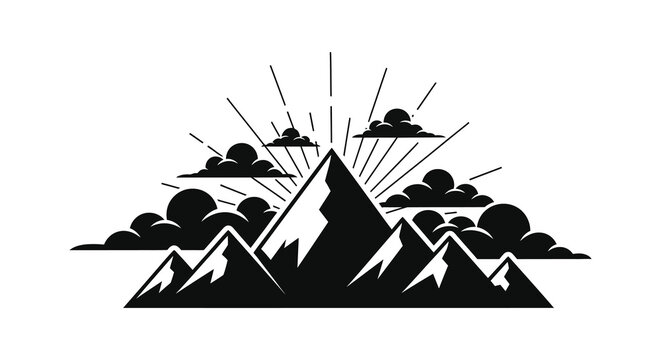 Mountain range with clouds and sunburst rays black and white silhouette