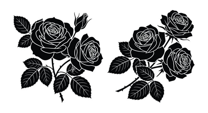 Black rose silhouettes with leaves and stems on a white background silhouette