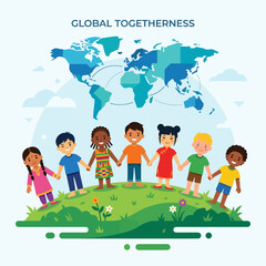 Global Togetherness Concept with Diverse Children Holding Hands Around the World Map Illustration © fiqri