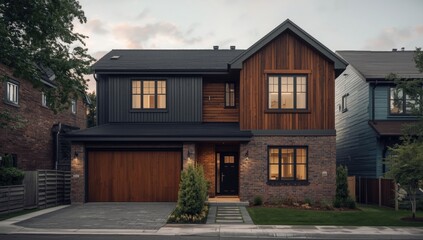 Fototapeta premium Single story residential building design with mixed brick and wood outer walls