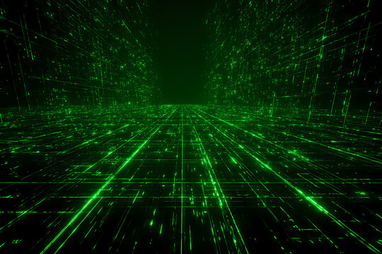 Green digital matrix code technology background with lines