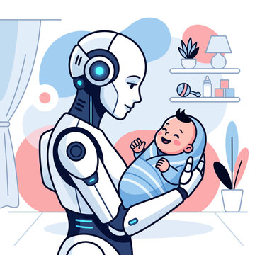 Futuristic Robot Nanny Holding a Smiling Newborn Baby Illustration
