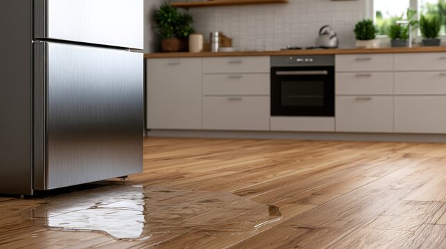 Leaking refrigerator with puddle of water on wooden floor in a modern kitchen
