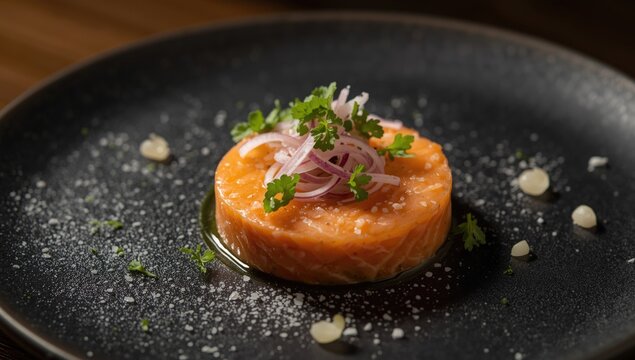 Elegant salmon tartar featuring onion brunoise and fresh herbs