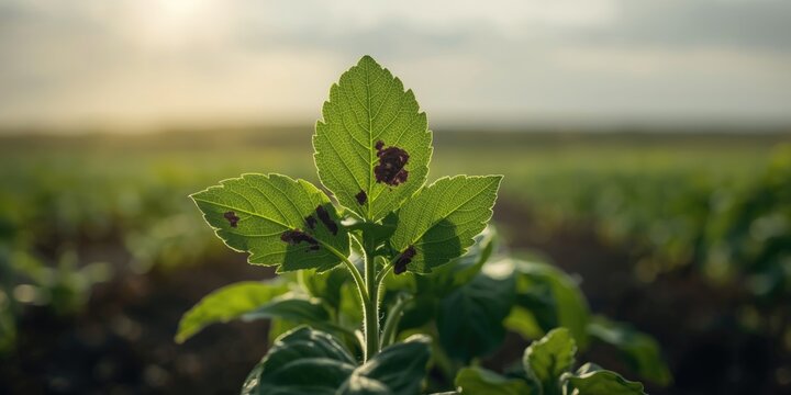Macro photography capturing early blight symptoms with dark fungal spots on potato plant leaves and copy space