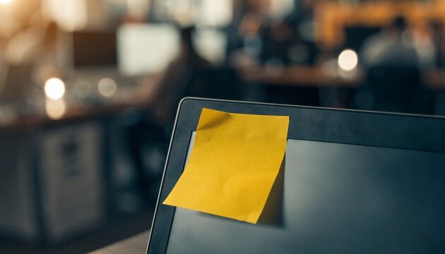 Blank yellow sticky note attached to the corner of a generic laptop screen in a busy blurred office environment, photorealistic business mockup for reminders and tasks, highly detailed workspace.