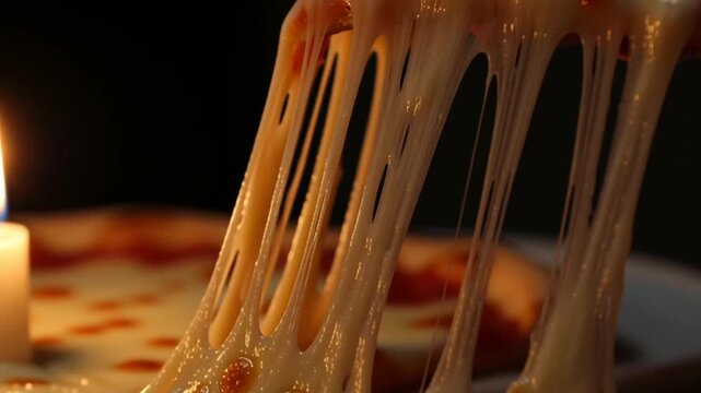 Stretchy Melted Cheese Pulling from Delicious Pizza Slice Close-Up
