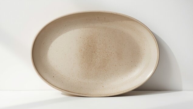 Lateral view of unfilled oval ceramic plate with smooth texture on white backdrop