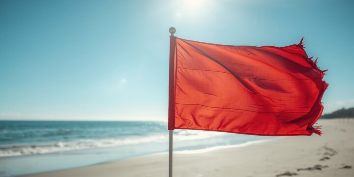 Red caution flag waving on sunlit beach day warning swimmers of dangerous water with calm waves and clear sky