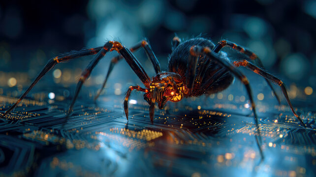 A spider on  a circuit board under blue lights, evoking a high-tech cyber threat.