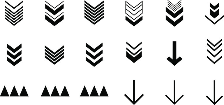 Collection of black downward arrow silhouettes with chevrons, icons, and symbols illustrating direction, navigation, and graphic design elements