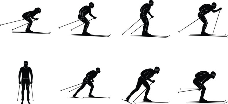 Creative collection of eight skiing silhouettes in varied motion phases, symbolizing winter sports technique, endurance, balance, and modern abstract design concepts
