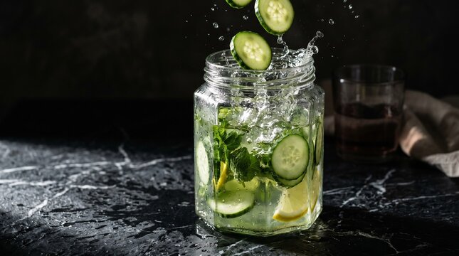 Cucumber slices falling mid-air into a square glass jar of fresh detox water with lemon and mint on dark nero marble surface with water splash and condensation, healthy lifestyle drink photography