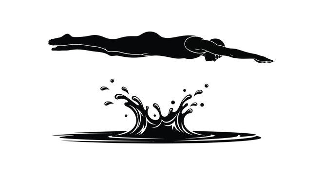 Swimmer in freestyle stroke with water splash black silhouette