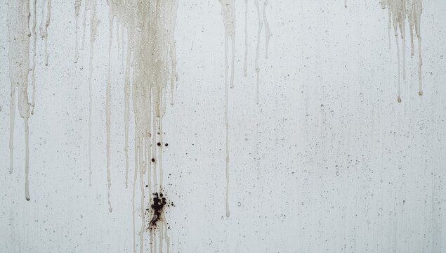White wall texture showing moist surface, vertical water droplet streaks, and dark stains inside