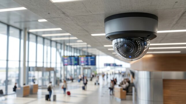 Surveillance camera monitoring busy airport terminal with travelers