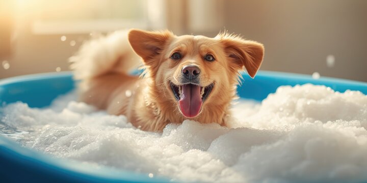 Joyful dog pet frolicking in a large blue bath tub with bubbly foam on a sunny day