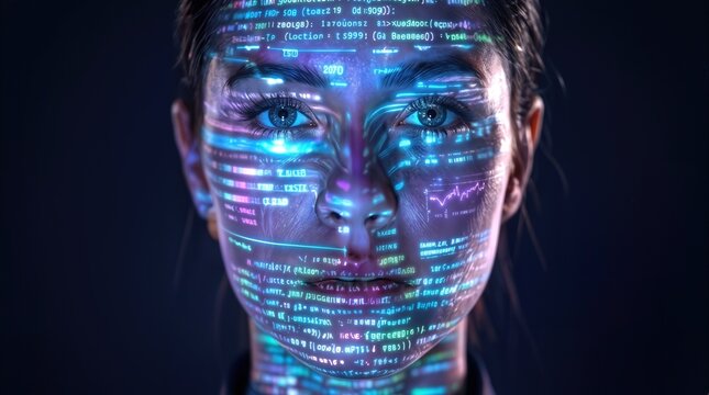 Projected computer code on woman face. Digital data and software programming concept.