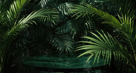 Fototapeta premium Tropical palm foliage backdrop with glossy round table shadow and ample copy space