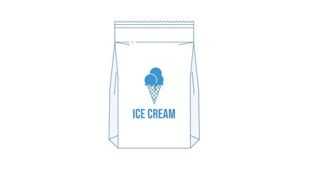 Fototapeta premium Simple blue line drawing of an ice cream bag with cone icon and text