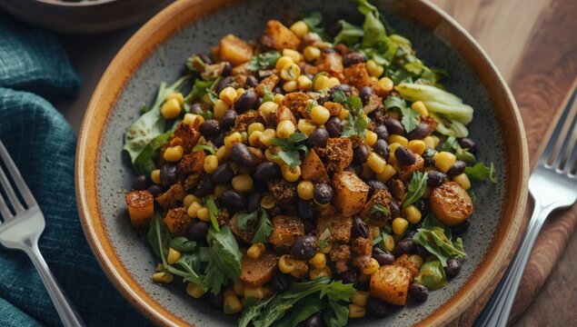 Hearty salad of black beans and corn paired with a cumin dressing