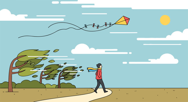 A man flying a kite on a windy day