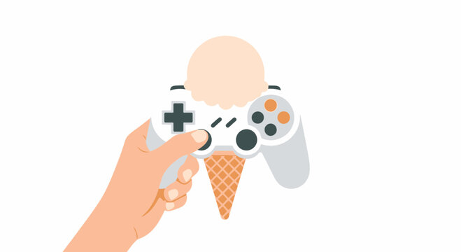 Hand holding video game controller with ice cream cone, concept of gaming and sweet break