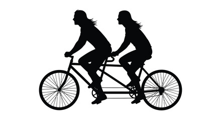 Fototapeta premium Two people riding a tandem bicycle side view black silhouette
