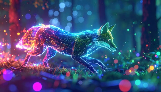 Neon Wolf Running in Forest Night.