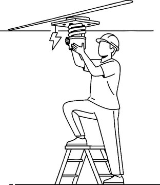 Construction worker installing ceiling fixture on ladder.