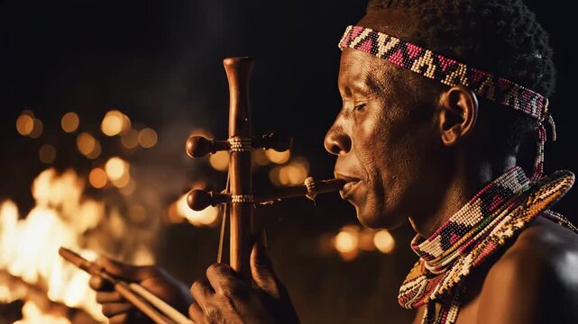 Traditional African Music: African Man in Tribal Attire Playing a Stringed Instrument by a Campfire at Night, Ideal for Cultural Documentaries.