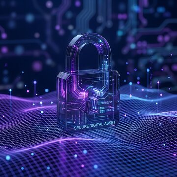 Secure digital asset protection with glowing transparent padlock and grid