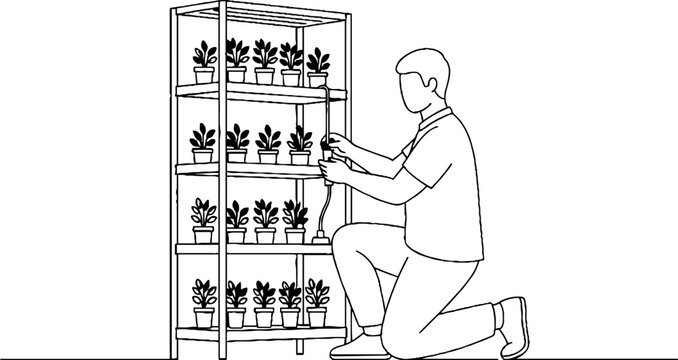 Man organizing vertical hydroponic farming system indoors.
