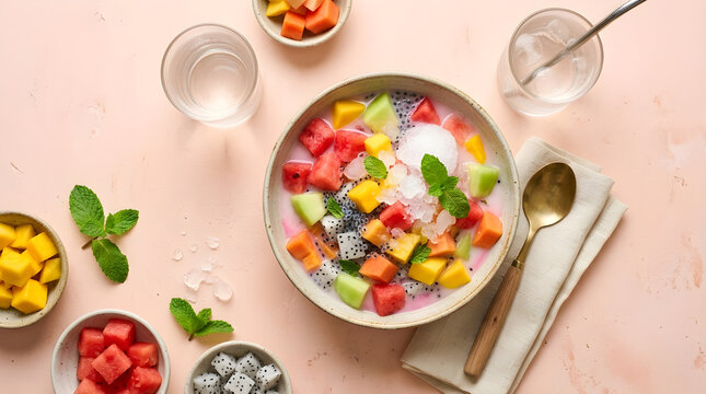 Tropical fruit dessert with shaved ice and milk on pink background