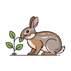 Obraz premium A cute brown rabbit eating a small green plant on a white background