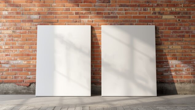 Two smooth canvases standing against a red brick wall setting