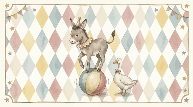Whimsical watercolor donkey and goose performing in a vintage circus setting, featuring a harlequin diamond pattern backdrop for nursery wall art and child room decoration.