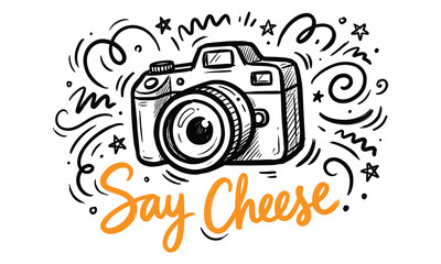 Obraz premium Vintage Photo Camera Sketch Hand Drawn Doodle Say Cheese Slogan Artwork Icon